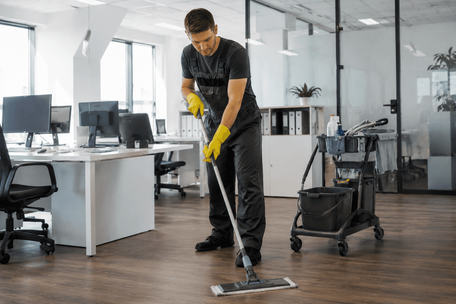Reinigungskraft wischt den Boden eines Büros, daneben ein Reinigungswagen mit Eimer und Tüchern