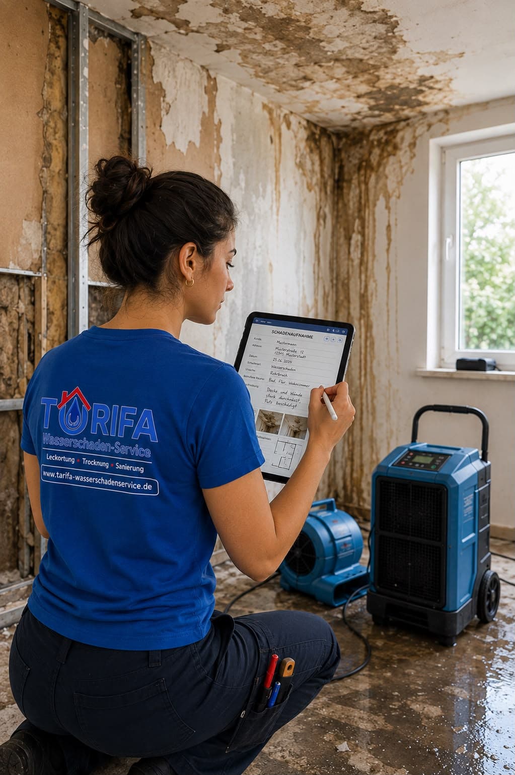 Mitarbeiterin von Tarifa Wasserschadenservice füllt kniend ein Schadenaufnahme-Protokoll auf dem Tablet aus; im Hintergrund durchfeuchtete Wand, Bautrockner und Ventilator