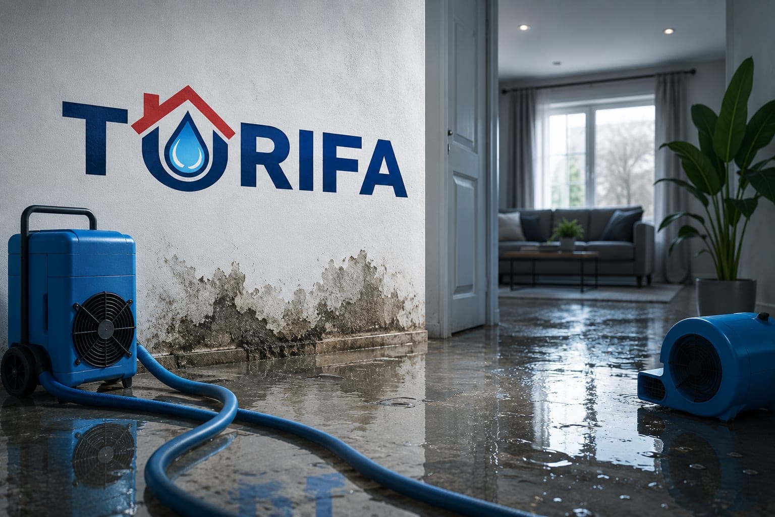 Wassergeschädigter Wohnraum von Tarifa Wasserschadenservice: stehendes Wasser auf dem Boden, feuchter Wandsockel, davor ein Bautrockner mit Schlauch und ein Ventilator