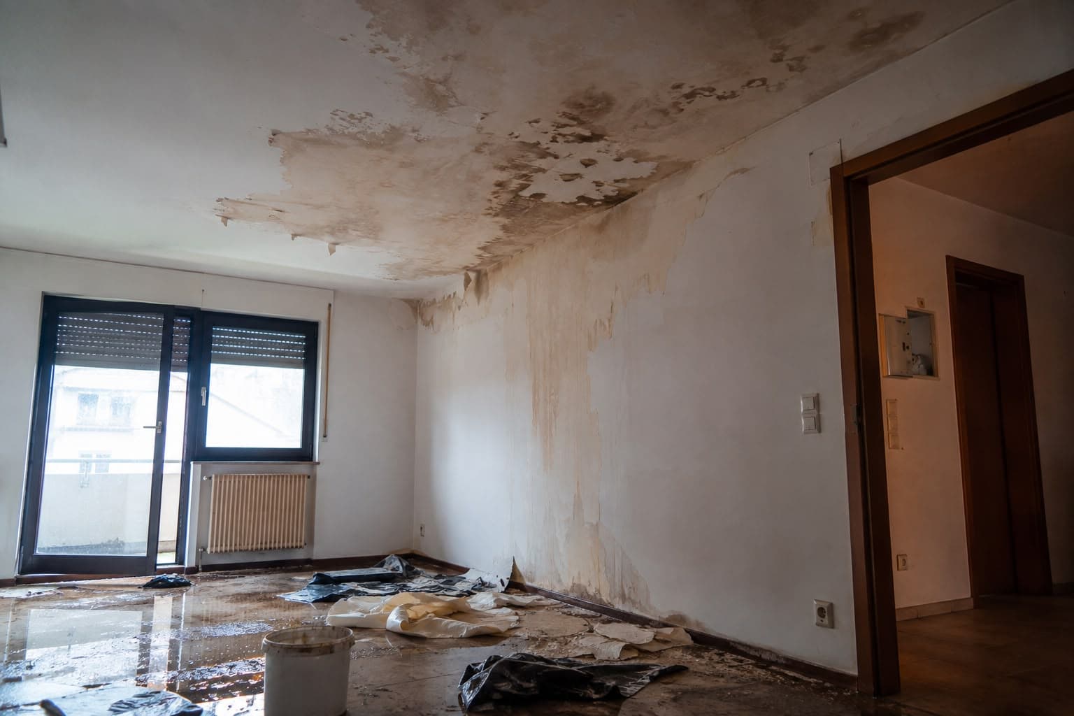 Wohnraum nach einem Wasserschaden: durchfeuchtete Decke mit abgelöstem Putz, aufgequollene Tapete an der Wand und stehendes Wasser auf dem Boden